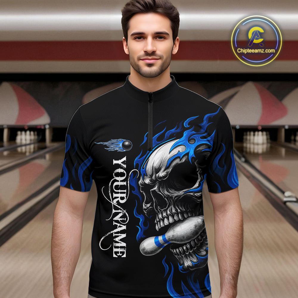 Custom Black and Blue Flame Skull Bowling Shirts For Men, Personalized Skull Team Bowling Jersey NQS10574