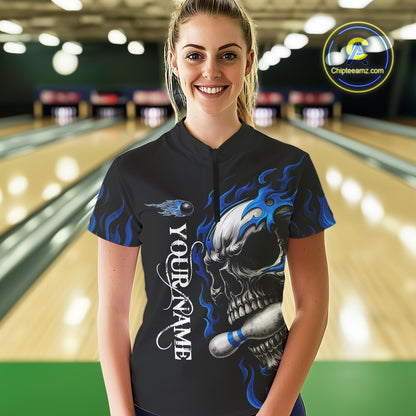 Custom Black and Blue Flame Skull Bowling Shirts For Women, Personalized Skull Team Bowling Jersey NQS10574