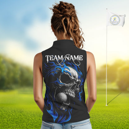 Custom Black and Blue Flame Skull Women's Sleeveless Polo Shirt, Skull Team Ladies Golf Outfit NQS10576