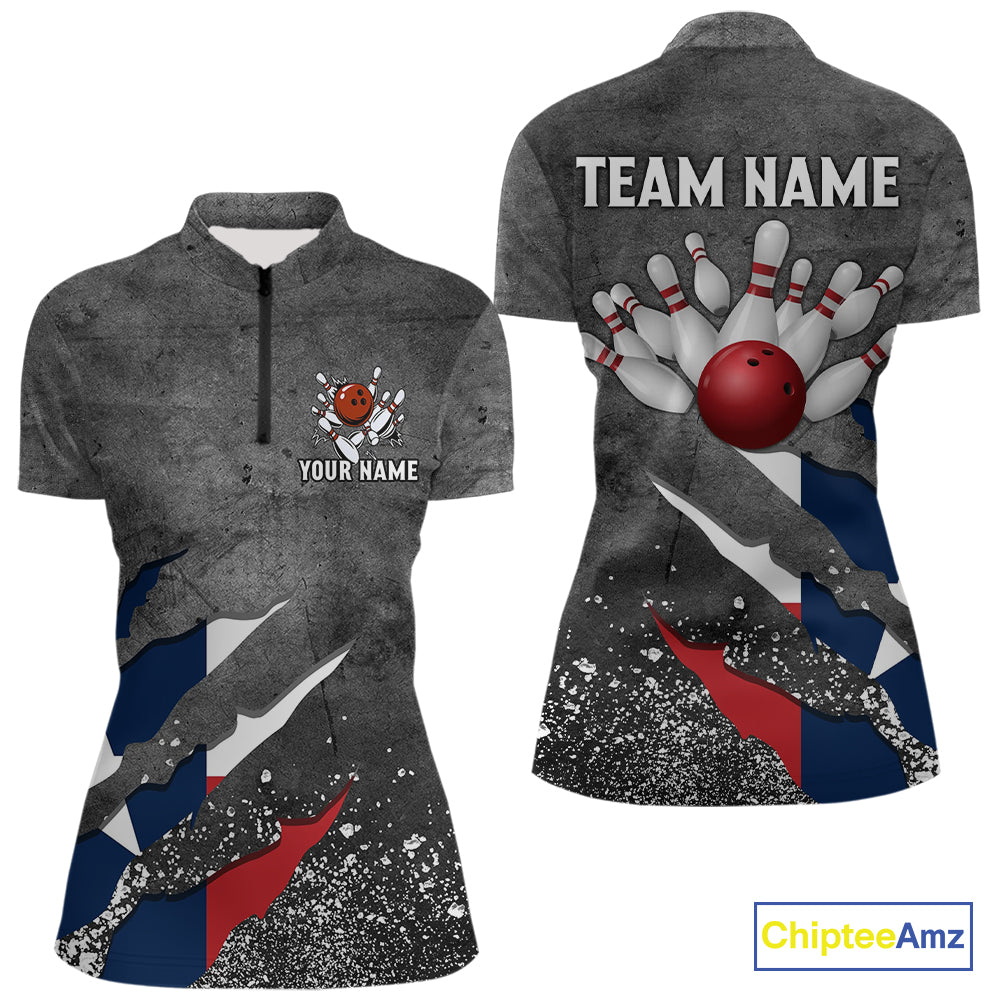 Gray Grunge Texas Flag Bowling Polo, Quarter Zip shirt for Women Custom patriotic Team bowling jersey NQS10579
