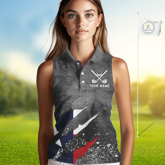 Gray Grunge Texas Flag Women's Sleeveless Polo Shirt Custom patriotic Golf attire for ladies NQS10580