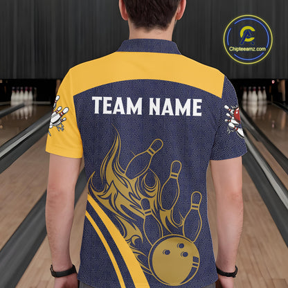 Blue and Yellow flame Bowling polo, 1/4 zip shirts for men custom Bowling team jerseys bowlers outfit NQS10983