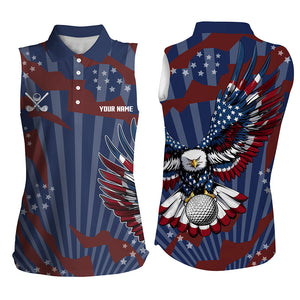 American Flag Eagle Golf Ball Womens Sleeveless Polo Shirts Custom Patriotic Ladies Golf Tops NQS9100