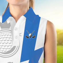 Load image into Gallery viewer, Blue and White Womens sleeveless golf polo shirt custom women golf attire, unique ladies golf apparel NQS9312