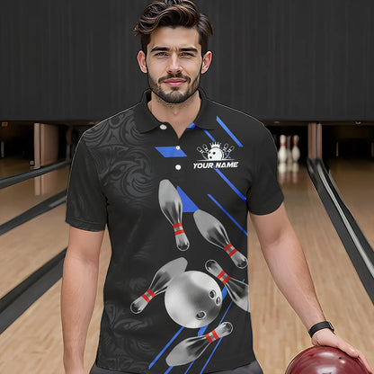 Silver Bowling Ball pins Team bowling shirts for Men custom bowling Polo, Quarter zip jersey | Blue NQS9624