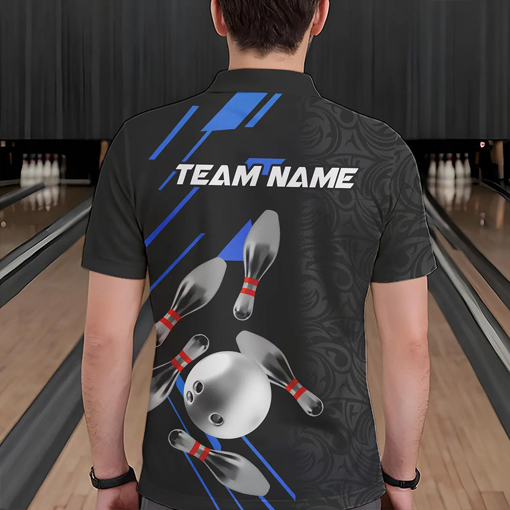 Silver Bowling Ball pins Team bowling shirts for Men custom bowling Polo, Quarter zip jersey | Blue NQS9624