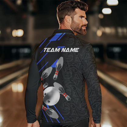 Silver Bowling Ball pins Team bowling shirts for Men custom bowling Polo, Quarter zip jersey | Blue NQS9624