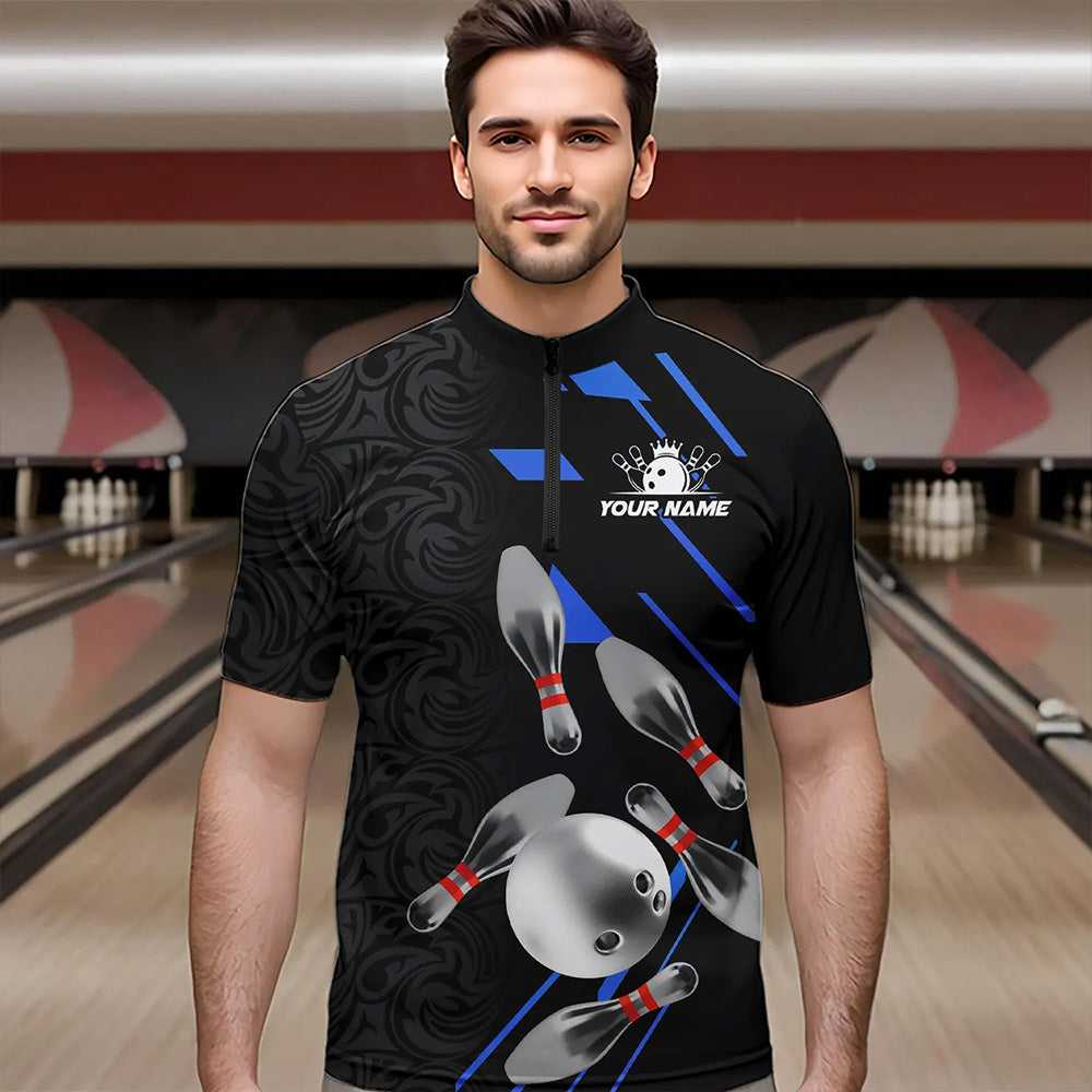 Silver Bowling Ball pins Team bowling shirts for Men custom bowling Polo, Quarter zip jersey | Blue NQS9624