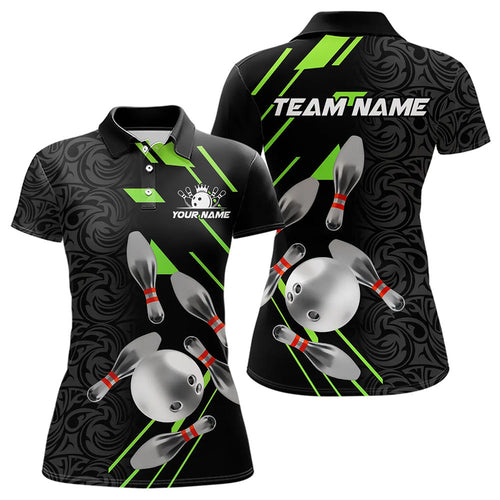 Silver Bowling Ball pins Team bowling shirts for women custom bowling Polo, Quarter zip jersey | Green NQS9628