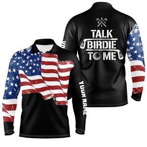 Funny Mens golf polo shirt custom American flag patriotic black golf shirts talk birdie to me NQS7726