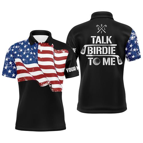 Funny Mens golf polo shirt custom American flag patriotic black golf shirts talk birdie to me NQS7726