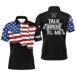 Funny Mens golf polo shirt custom American flag patriotic black golf shirts talk birdie to me NQS7726