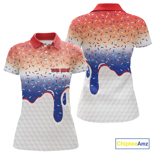 Red, white and blue dripping candy Women Golf polo shirts Custom funny Golf attire For Women NQS10058