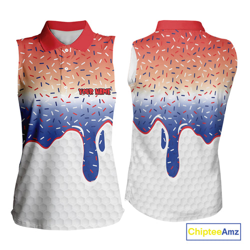 Red, white and blue dripping candy Women Sleeveless polos shirt Custom funny Golf attire For Women NQS10058