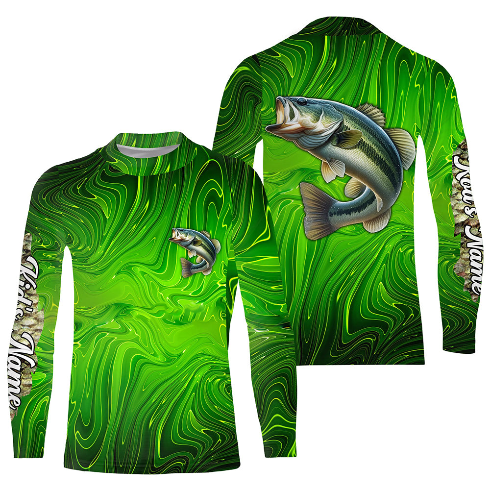 Bass fishing green camo customize name performance long sleeves Fishing shirts for men, women, kid NQS6061