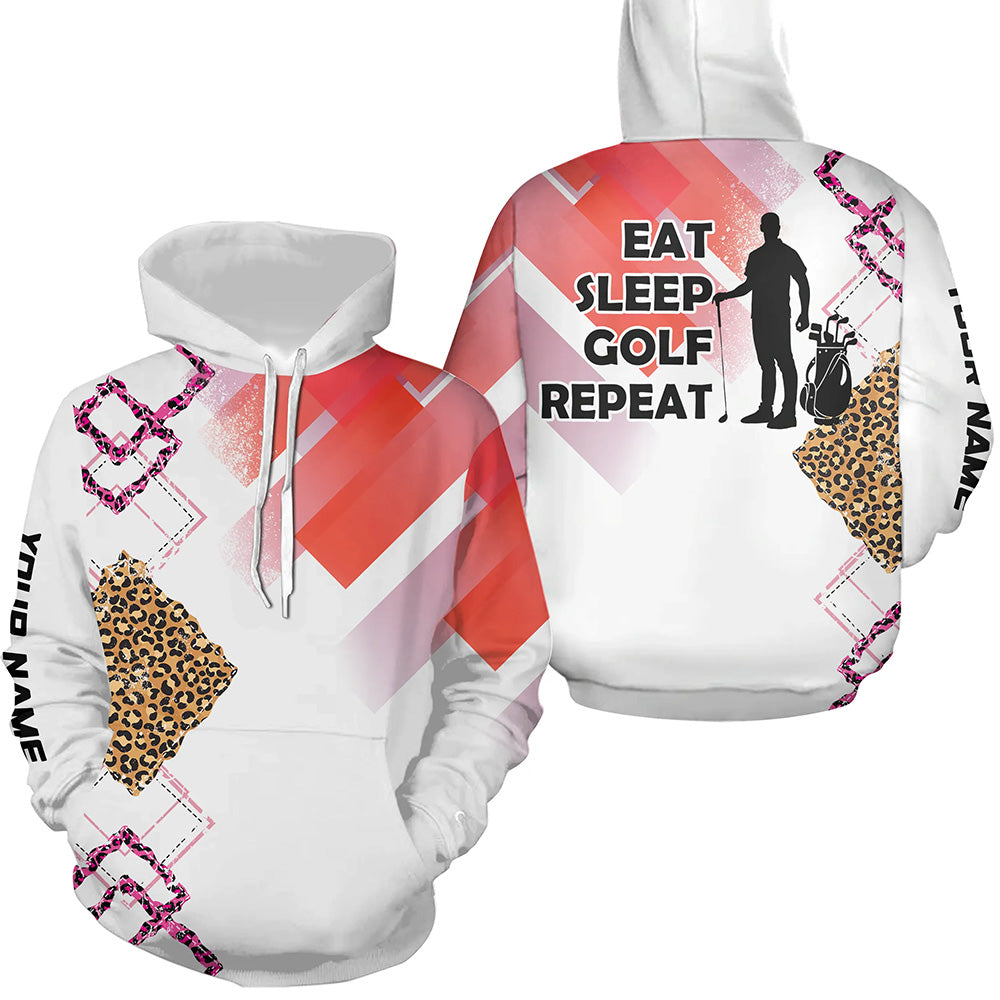 Funny Pink Leopard pattern White golf Hoodies custom Eat sleep golf repeat golf attire NQS8408