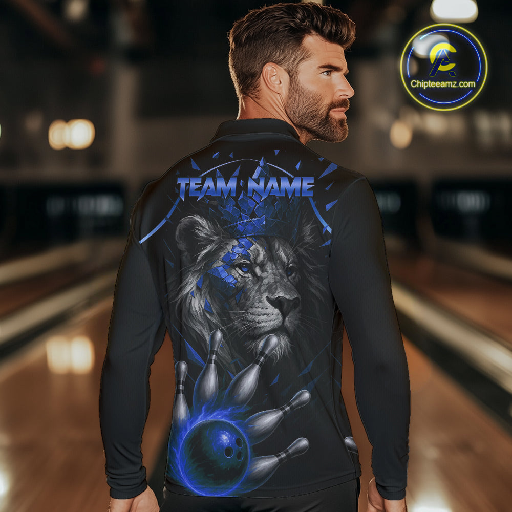 Custom Black and Blue Lion Bowling Polo, Quarter Zip shirts for Men, Lion Team Bowling Jerseys NQS10585