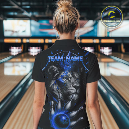 Custom Black and Blue Lion Bowling Polo, Quarter Zip shirts for Women, Lion Team Bowling Jerseys NQS10585