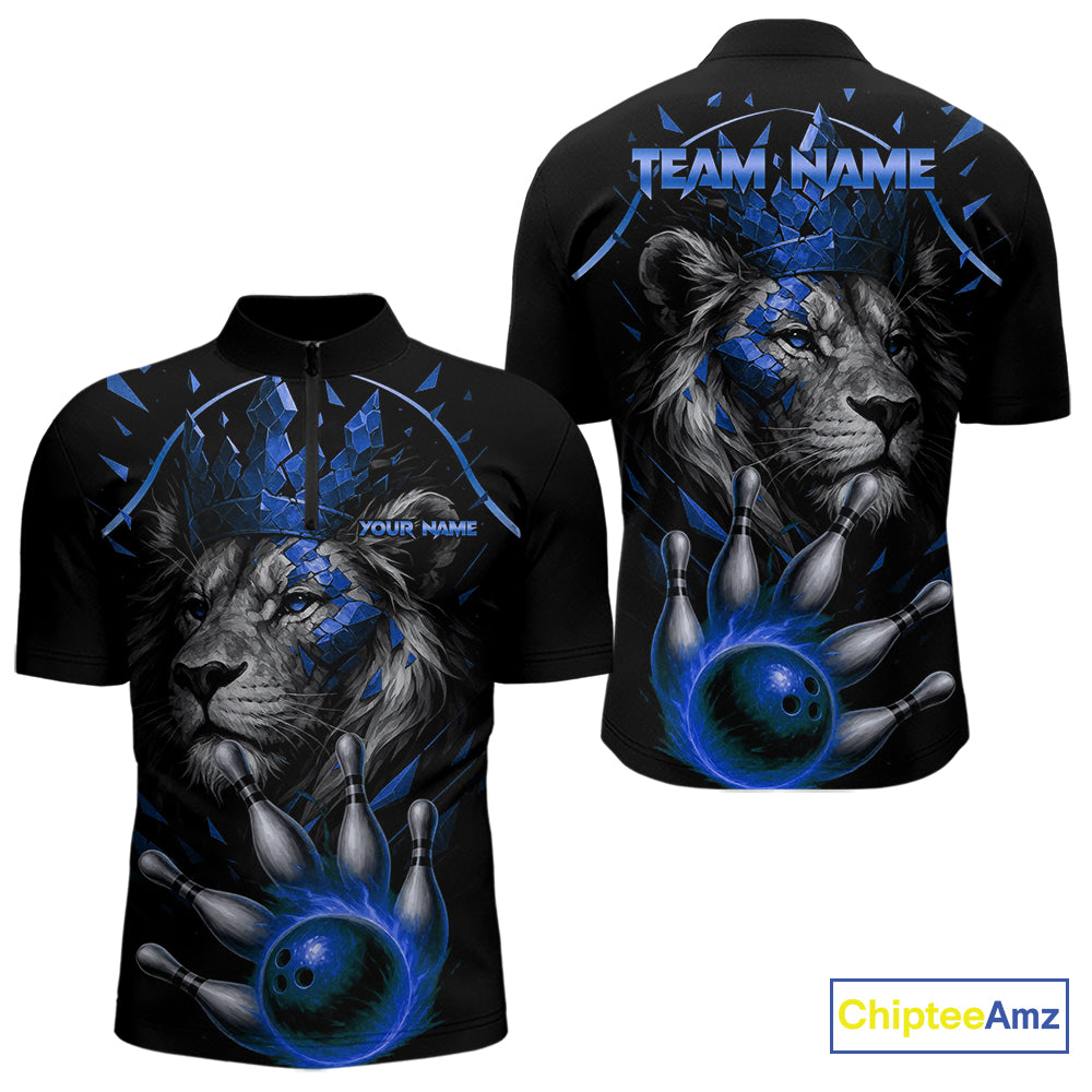 Custom Black and Blue Lion Bowling Polo, Quarter Zip shirts for Men, Lion Team Bowling Jerseys NQS10585
