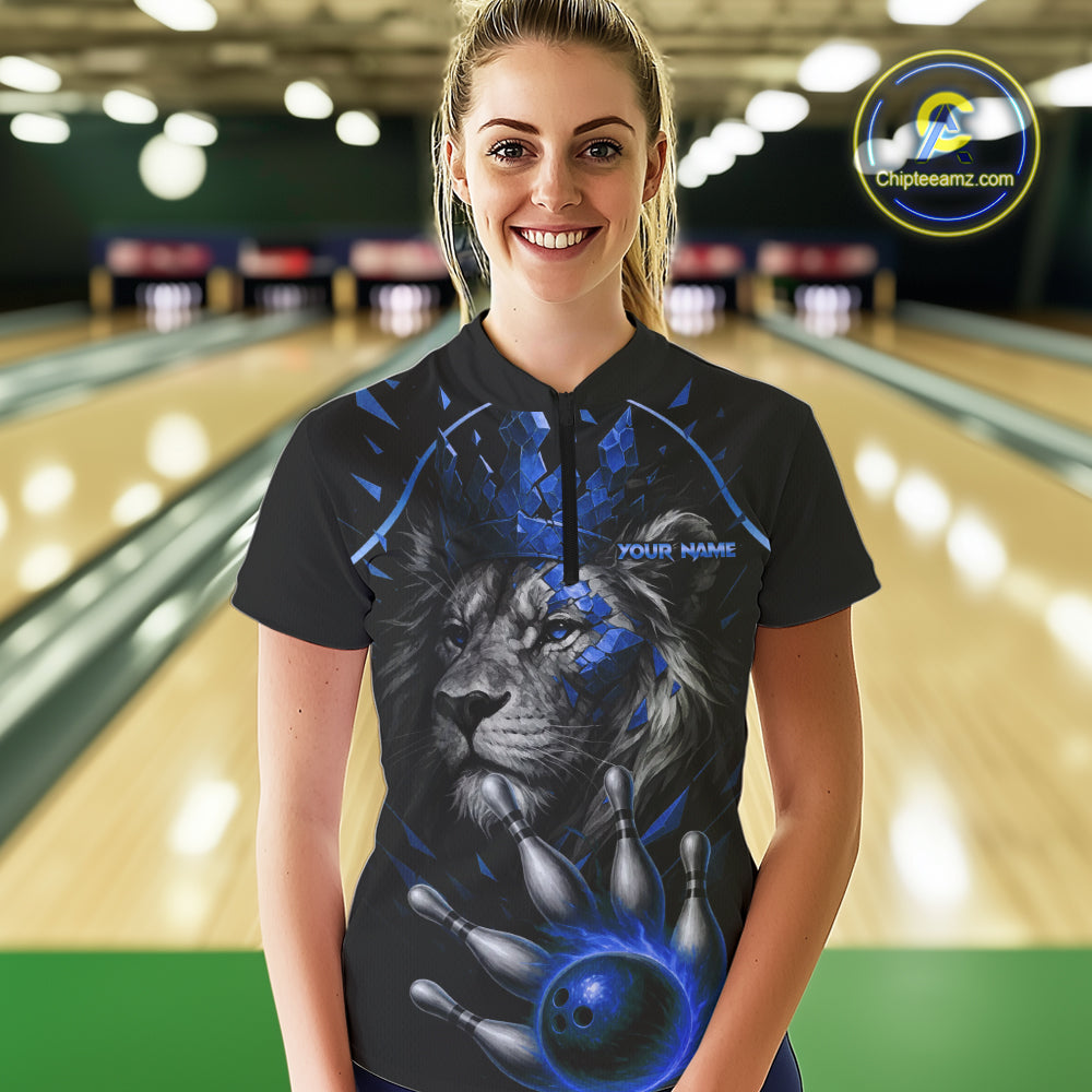 Custom Black and Blue Lion Bowling Polo, Quarter Zip shirts for Women, Lion Team Bowling Jerseys NQS10585
