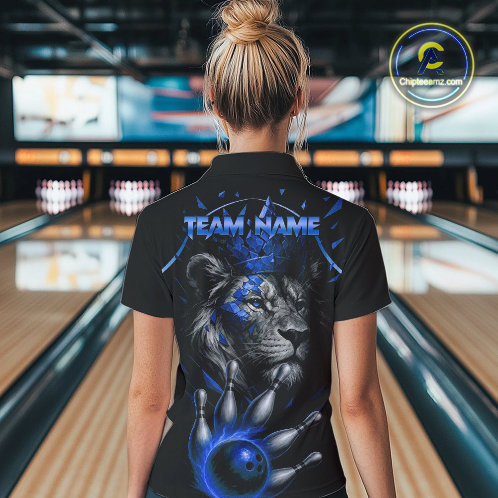 Custom Black and Blue Lion Bowling Polo, Quarter Zip shirts for Women, Lion Team Bowling Jerseys NQS10585