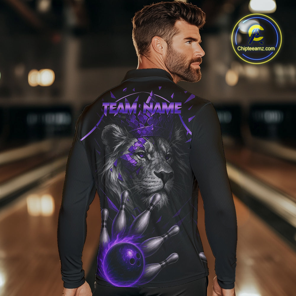 Custom Black and Purple Lion Bowling Polo, Quarter Zip shirts for Men, Lion Team Bowling Jerseys NQS10586
