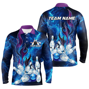 Blue Lightning Thunder Bowling Polo, 1/4 Zip Shirt For Men Purple Flame Custom name Team Bowler Jersey NQS8614