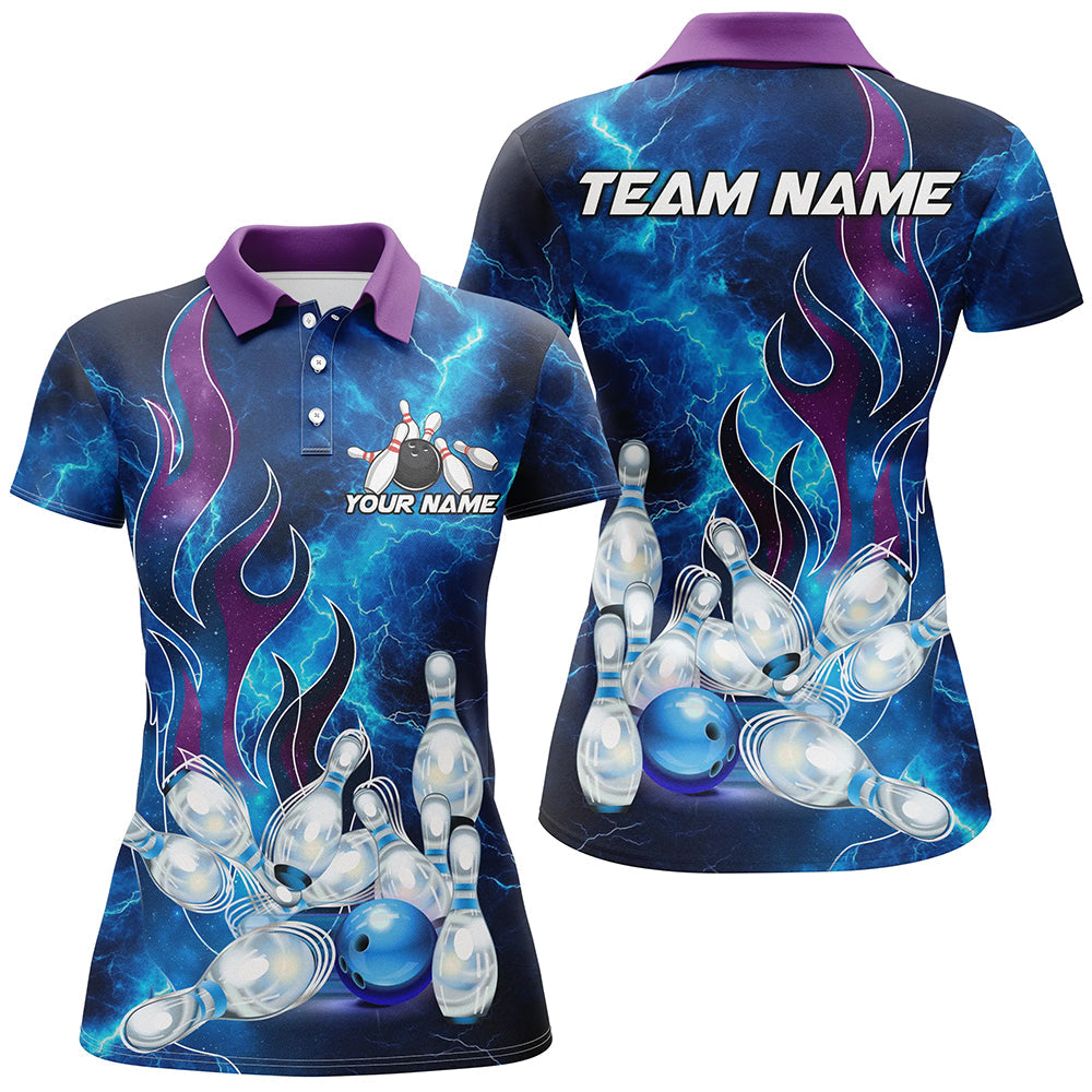 Blue Lightning Thunder Bowling Polo, 1/4 Zip Shirt For Women Purple Flame Custom Team Bowler Jerseys NQS8614