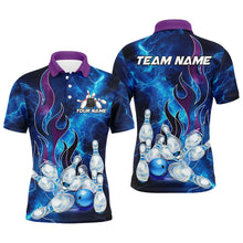 Load image into Gallery viewer, Blue Lightning Thunder Bowling Polo, 1/4 Zip Shirt For Men Purple Flame Custom name Team Bowler Jersey NQS8614