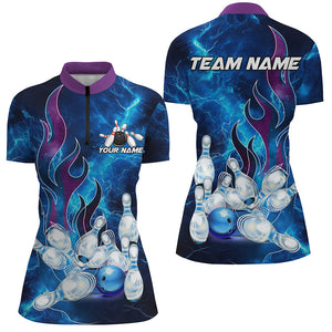 Blue Lightning Thunder Bowling Polo, 1/4 Zip Shirt For Women Purple Flame Custom Team Bowler Jerseys NQS8614