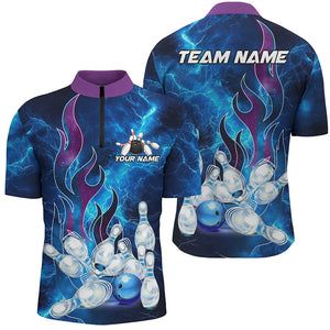 Blue Lightning Thunder Bowling Polo, 1/4 Zip Shirt For Men Purple Flame Custom name Team Bowler Jersey NQS8614