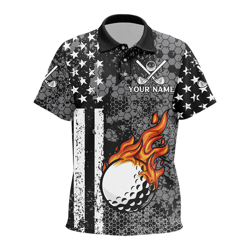 Black and White American Flag Flame Golf Ball Kid Golf Polo Shirts Custom Patriotic Kid Golf Tops NQS9109