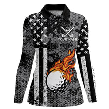 Load image into Gallery viewer, Black and White American Flag Flame Womens Golf Polo Shirts Custom Patriotic Ladies Golf Tops NQS9109