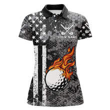 Load image into Gallery viewer, Black and White American Flag Flame Womens Golf Polo Shirts Custom Patriotic Ladies Golf Tops NQS9109