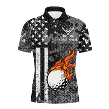 Load image into Gallery viewer, Black and White American Flag Flame Golf Ball Mens Golf Polo Shirts Custom Patriotic Men Golf Tops NQS9109