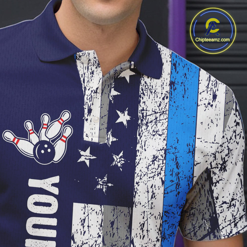Blue Grunge American Flag Bowling Shirts For Men Custom patriotic Bowling Team League Jerseys NQS11176
