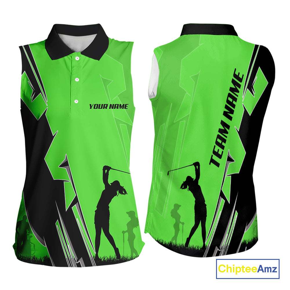 Women Sleeveless golf polo shirts custom green and black golf tops for ladies, best golf gifts NQS10063