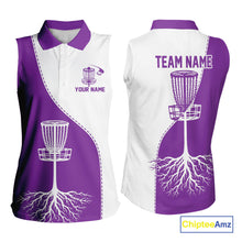 Load image into Gallery viewer, White and Purple Womens sleeveless Disc golf polo shirts Custom name disc golf clothing for team NQS10068