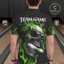 Load image into Gallery viewer, Custom Black and Green Flame Skull Bowling Shirts For Men, Personalized Skull Team Bowling Jersey NQS10793