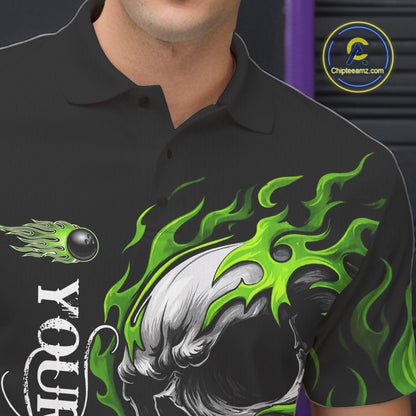 Custom Black and Green Flame Skull Bowling Shirts For Men, Personalized Skull Team Bowling Jersey NQS10793