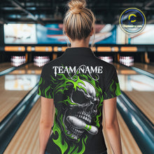 Load image into Gallery viewer, Custom Black and Green Flame Skull Bowling Shirts For Women, Personalized Skull Team Bowling Jersey NQS10793