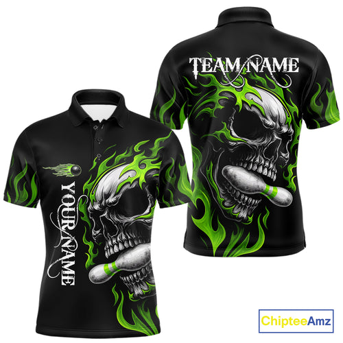 Custom Black and Green Flame Skull Bowling Shirts For Men, Personalized Skull Team Bowling Jersey NQS10793