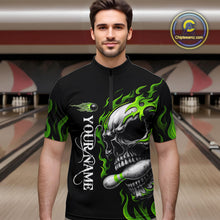 Load image into Gallery viewer, Custom Black and Green Flame Skull Bowling Shirts For Men, Personalized Skull Team Bowling Jersey NQS10793