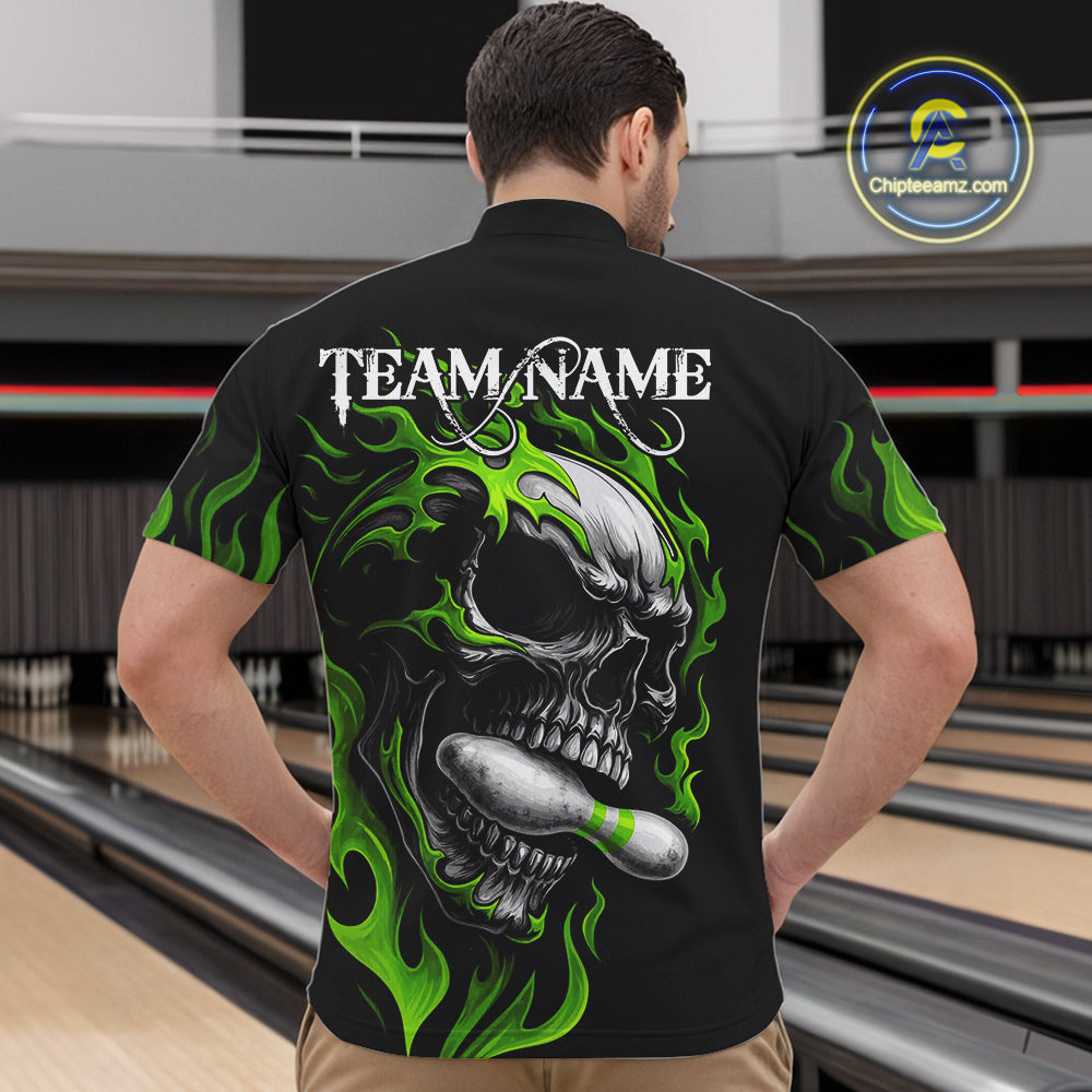 Custom Black and Green Flame Skull Bowling Shirts For Men, Personalized Skull Team Bowling Jersey NQS10793