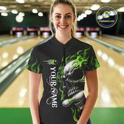 Custom Black and Green Flame Skull Bowling Shirts For Women, Personalized Skull Team Bowling Jersey NQS10793