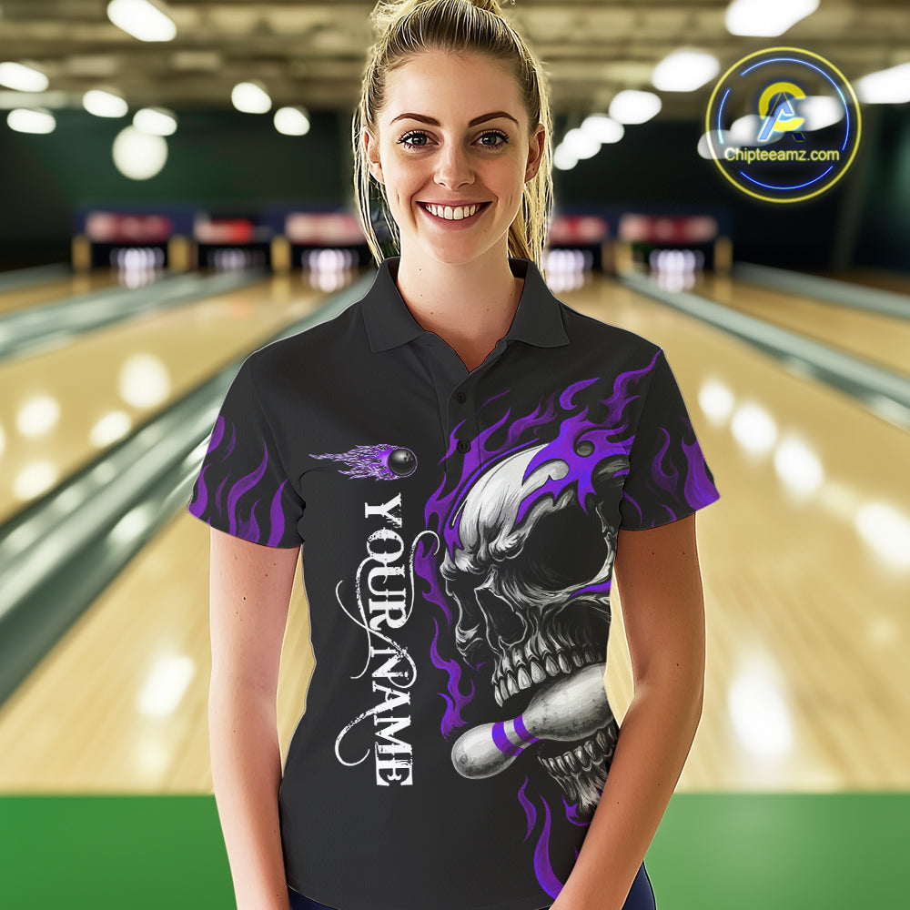 Custom Black and Purple Flame Skull Bowling Shirts For Women, Personalized Skull Team Bowling Jersey NQS10794