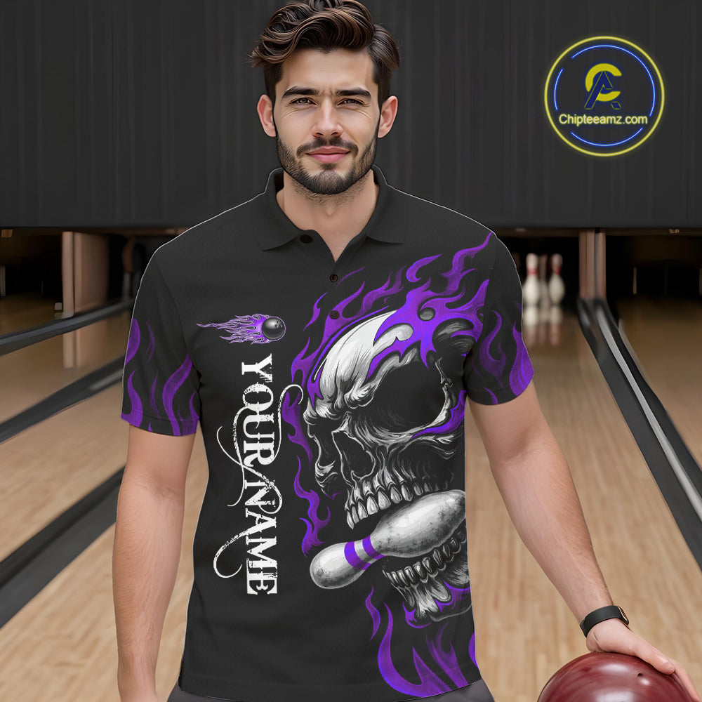 Custom Black and Purple Flame Skull Bowling Shirts For Men, Personalized Skull Team Bowling Jersey NQS10794