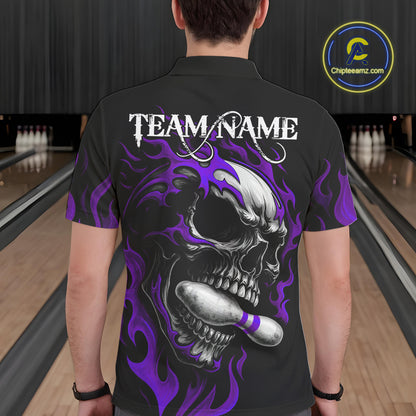 Custom Black and Purple Flame Skull Bowling Shirts For Men, Personalized Skull Team Bowling Jersey NQS10794