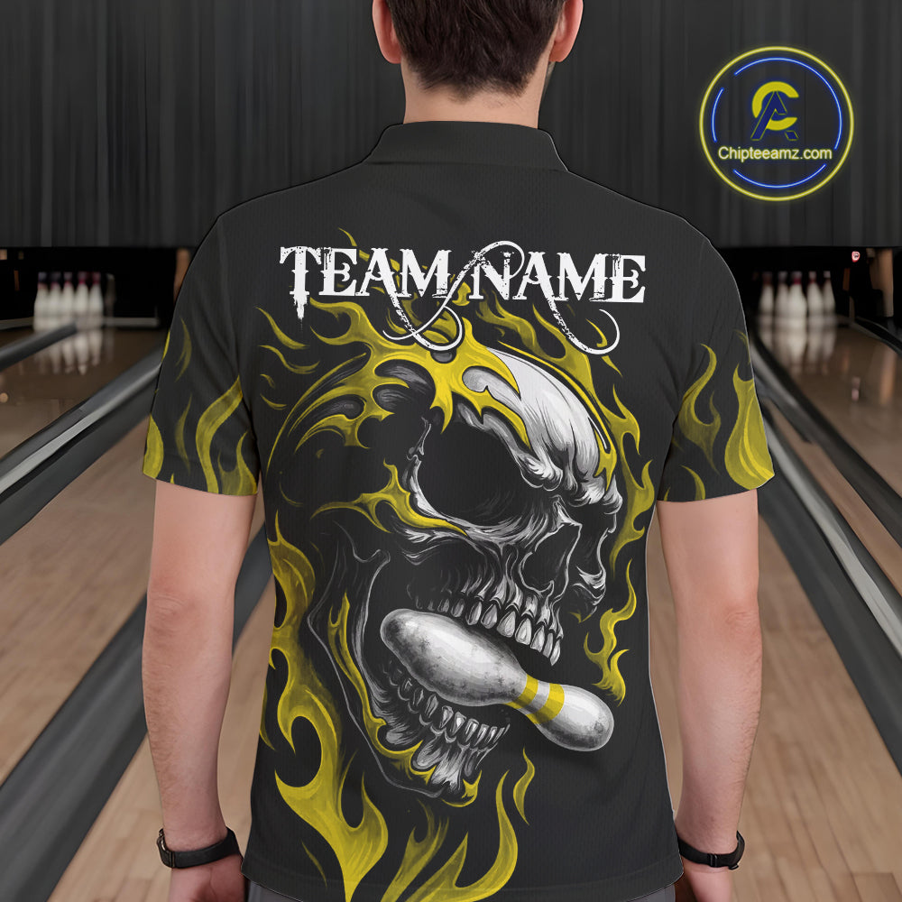 Custom Black and Gold Flame Skull Bowling Shirts For Men, Personalized Skull Team Bowling Jersey NQS10795