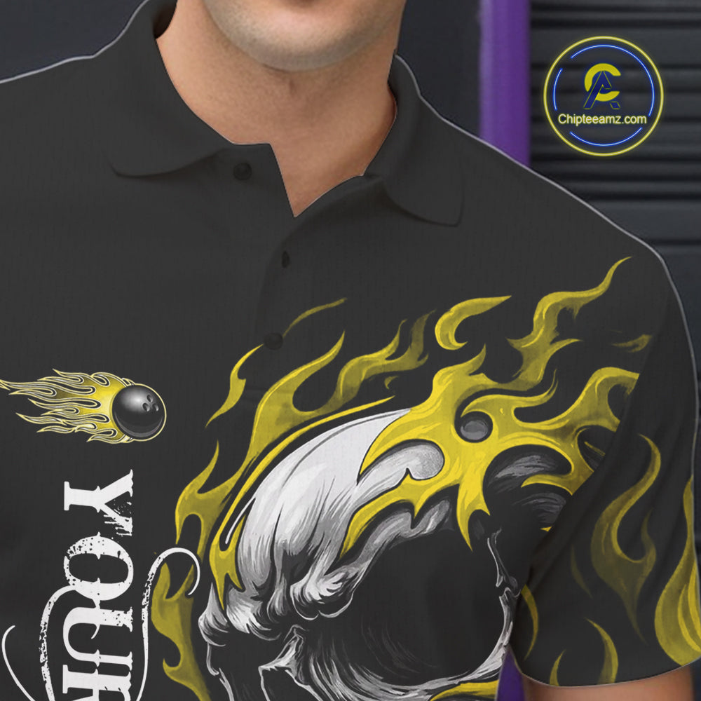 Custom Black and Gold Flame Skull Bowling Shirts For Men, Personalized Skull Team Bowling Jersey NQS10795